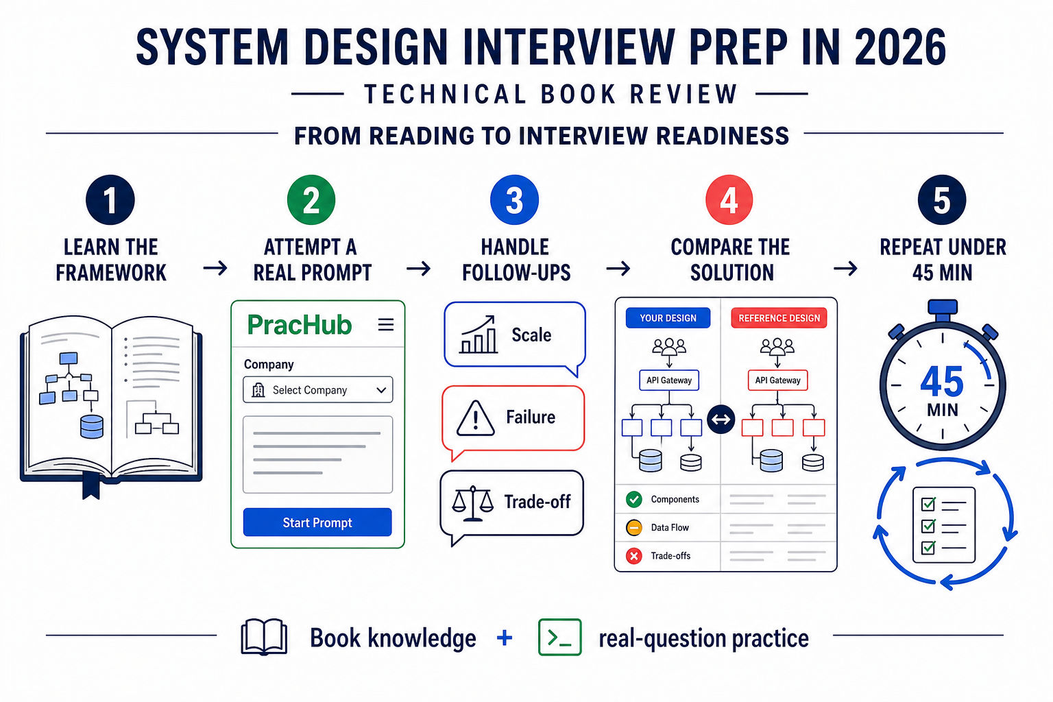 Five-step workflow from system design book reading to PracHub real-question practice
