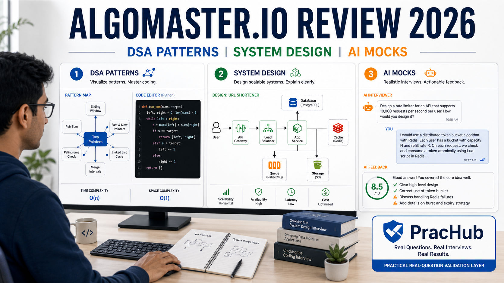 AlgoMaster.io review 2026 covering DSA patterns system design and AI mock interviews