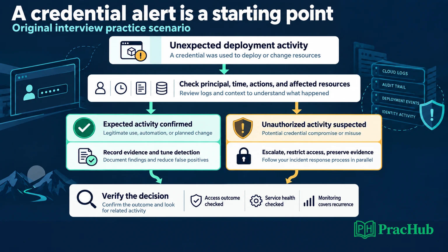 Decision flow for investigating unexpected credential activity and verifying the response