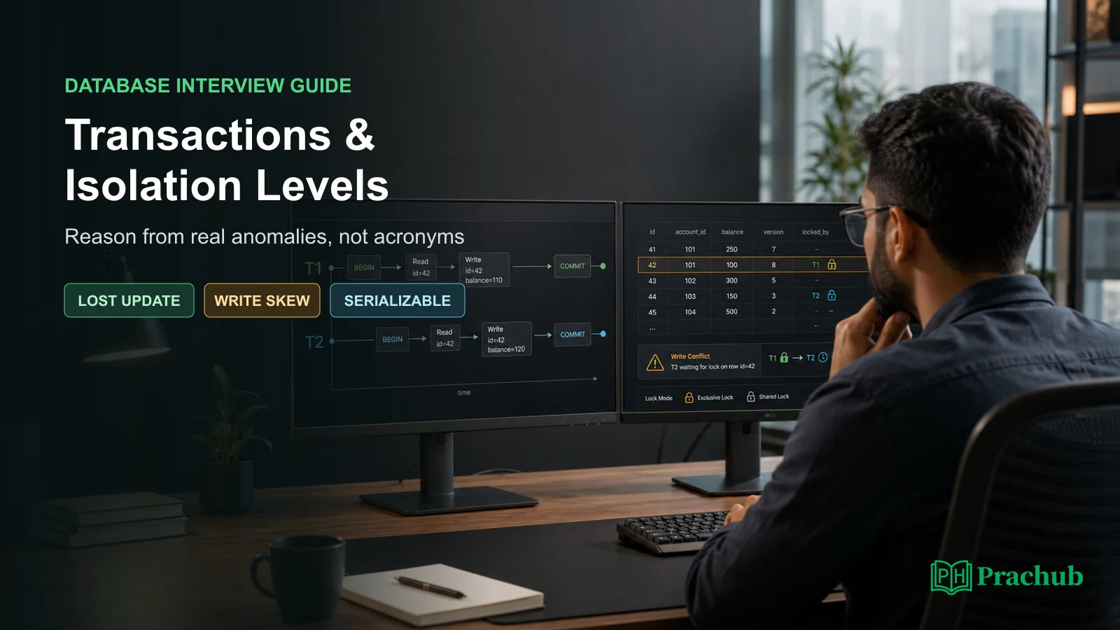 Database transactions and isolation levels interview preparation with concurrent transaction timelines