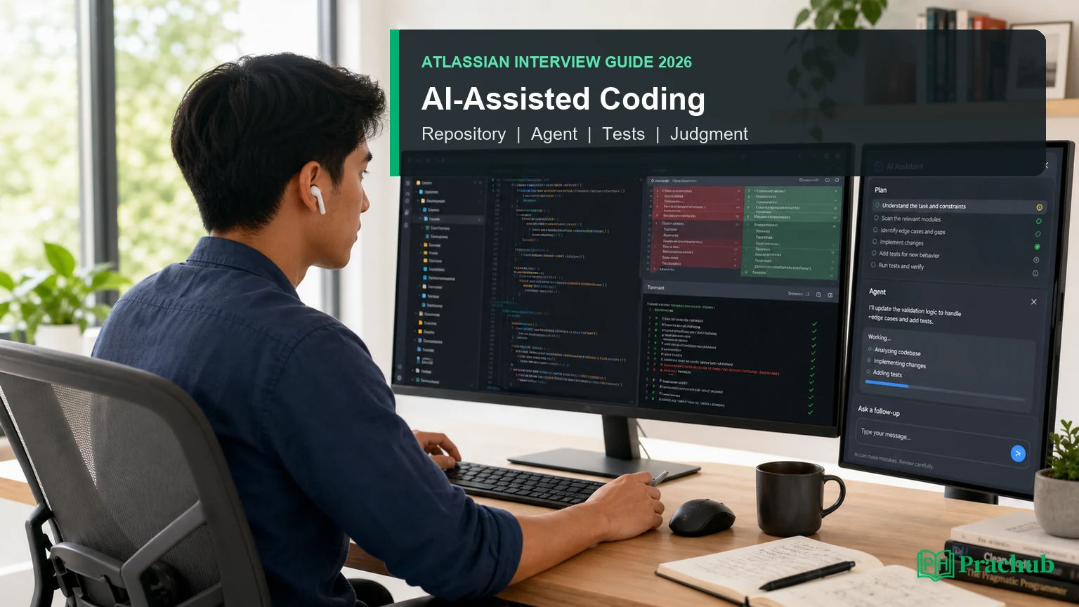 Atlassian AI-assisted coding interview with a repository, coding agent, tests, and human review