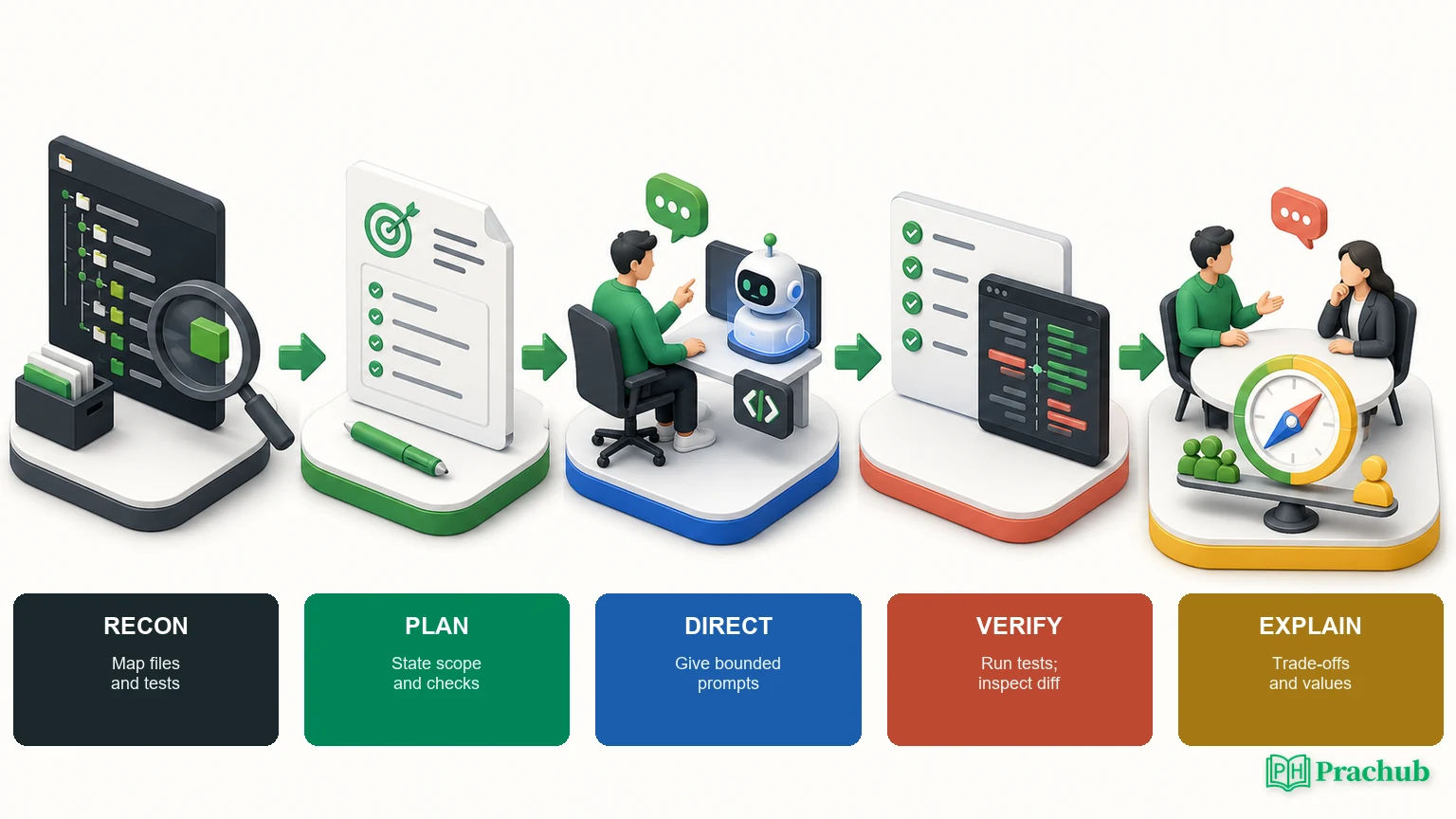 Five-step Atlassian AI-assisted coding interview workflow from repository reconnaissance to explanation