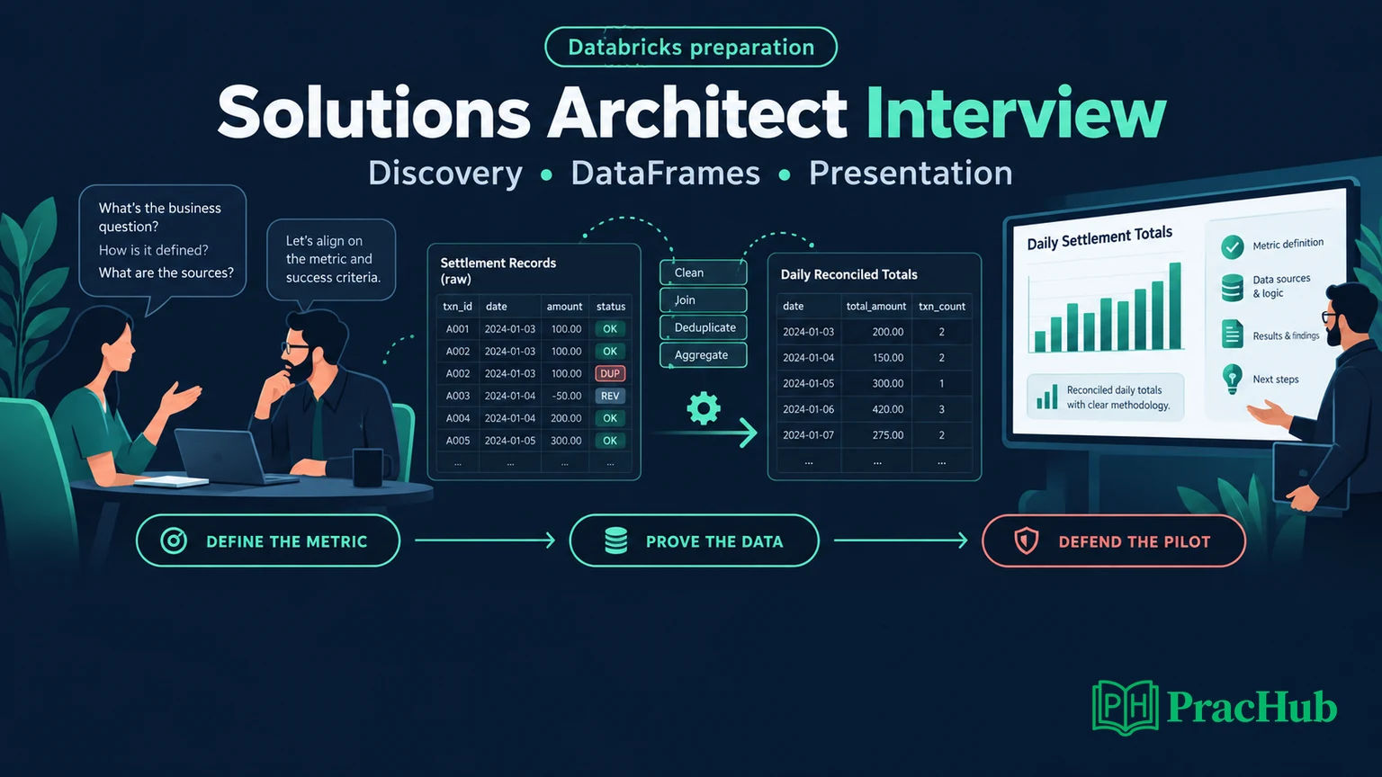 Solutions Architect preparation connects metric discovery, DataFrame verification, and a customer presentation