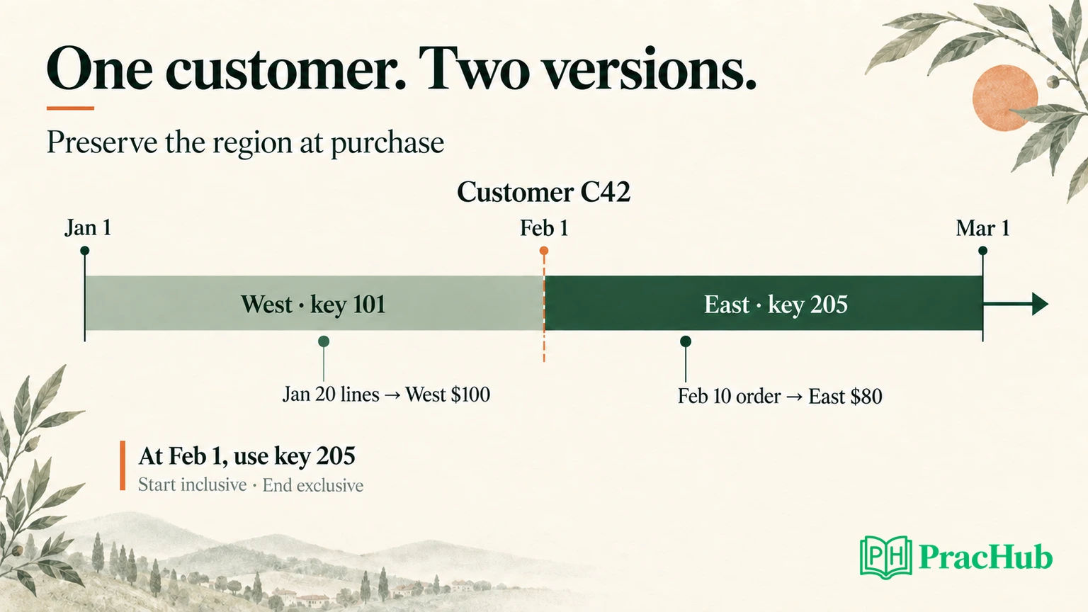 Customer C42 has West version 101 before February 1 and East version 205 afterward; orders retain the version valid at purchase