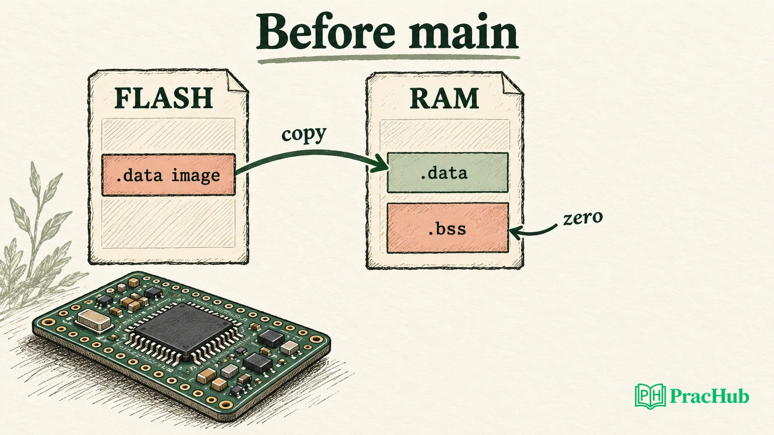 Embedded C startup copies the initialized data image from flash into RAM and clears a separate bss region