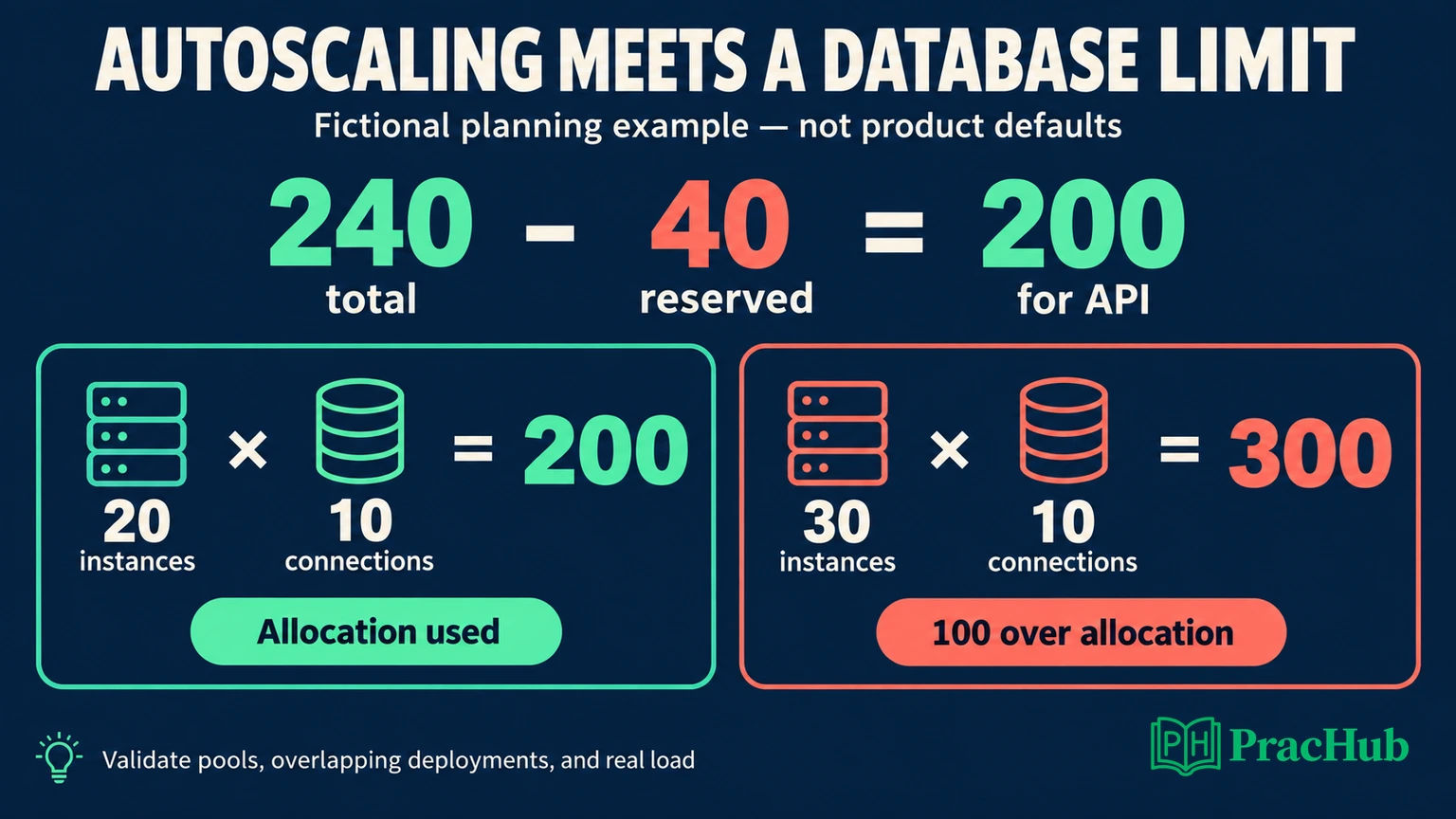 Connection-budget example: 240 total minus 40 reserved leaves 200 for the API; 20 instances at 10 connections use the allocation, while 30 exceed it