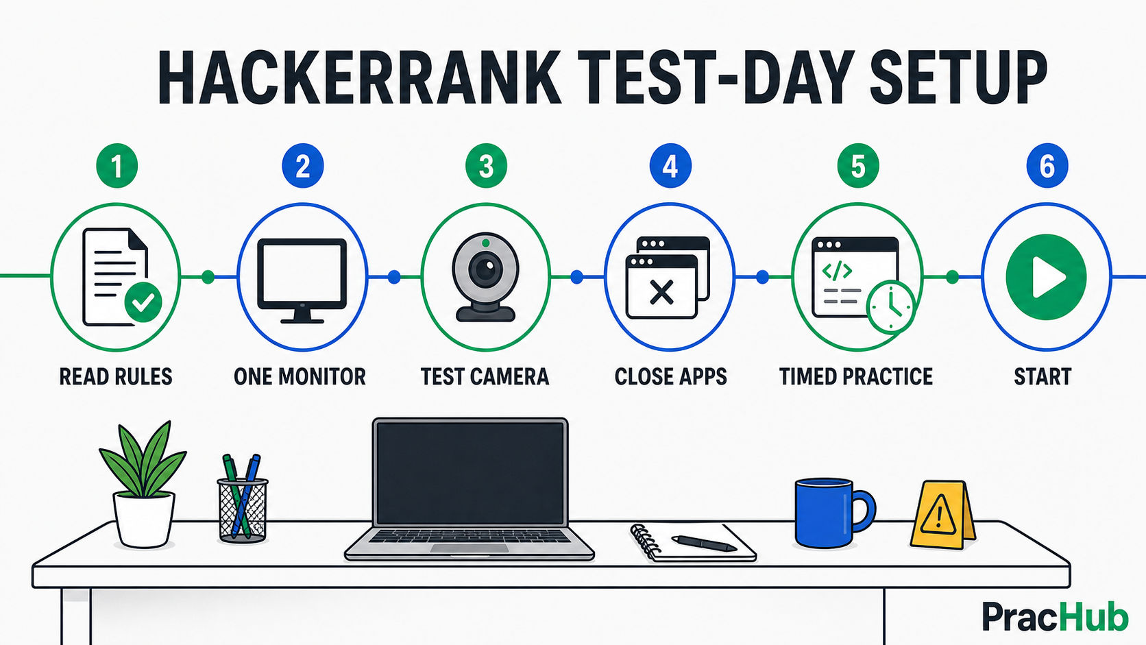HackerRank test day checklist for rules single monitor webcam closed apps and timed practice