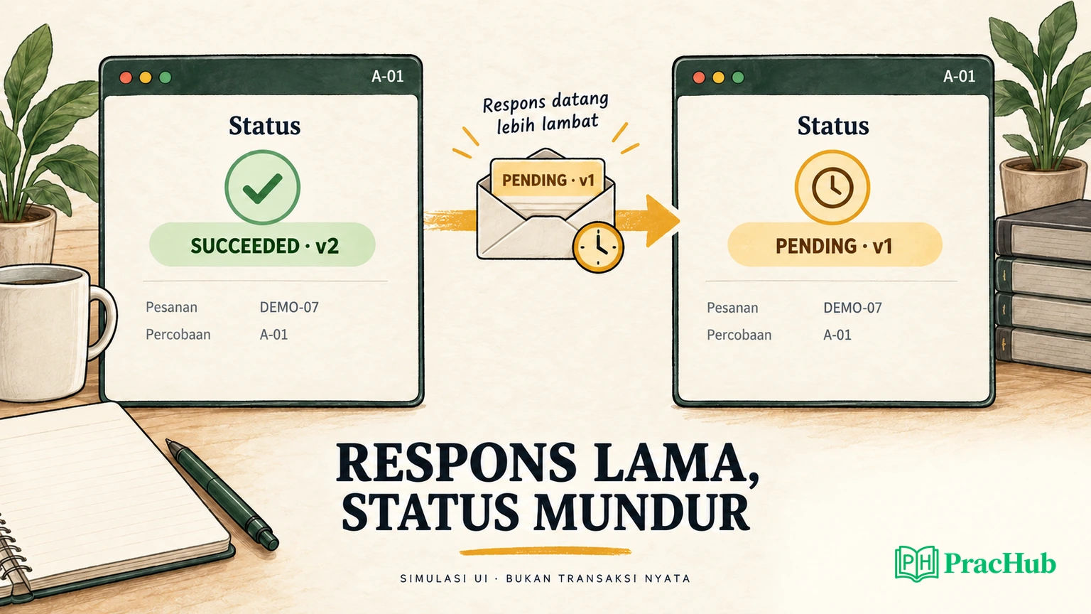 Respons PENDING versi lama menimpa status SUCCEEDED pada layar simulasi QA.