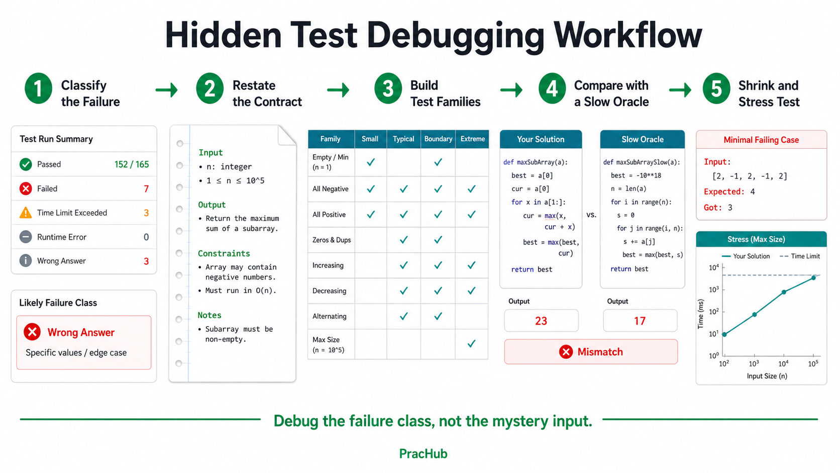 Five-step hidden test case debugging workflow for coding assessments