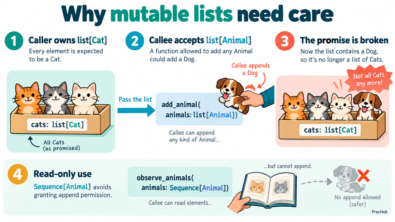 A mutable animal list can accept a dog, while a read-only sequence only exposes existing elements