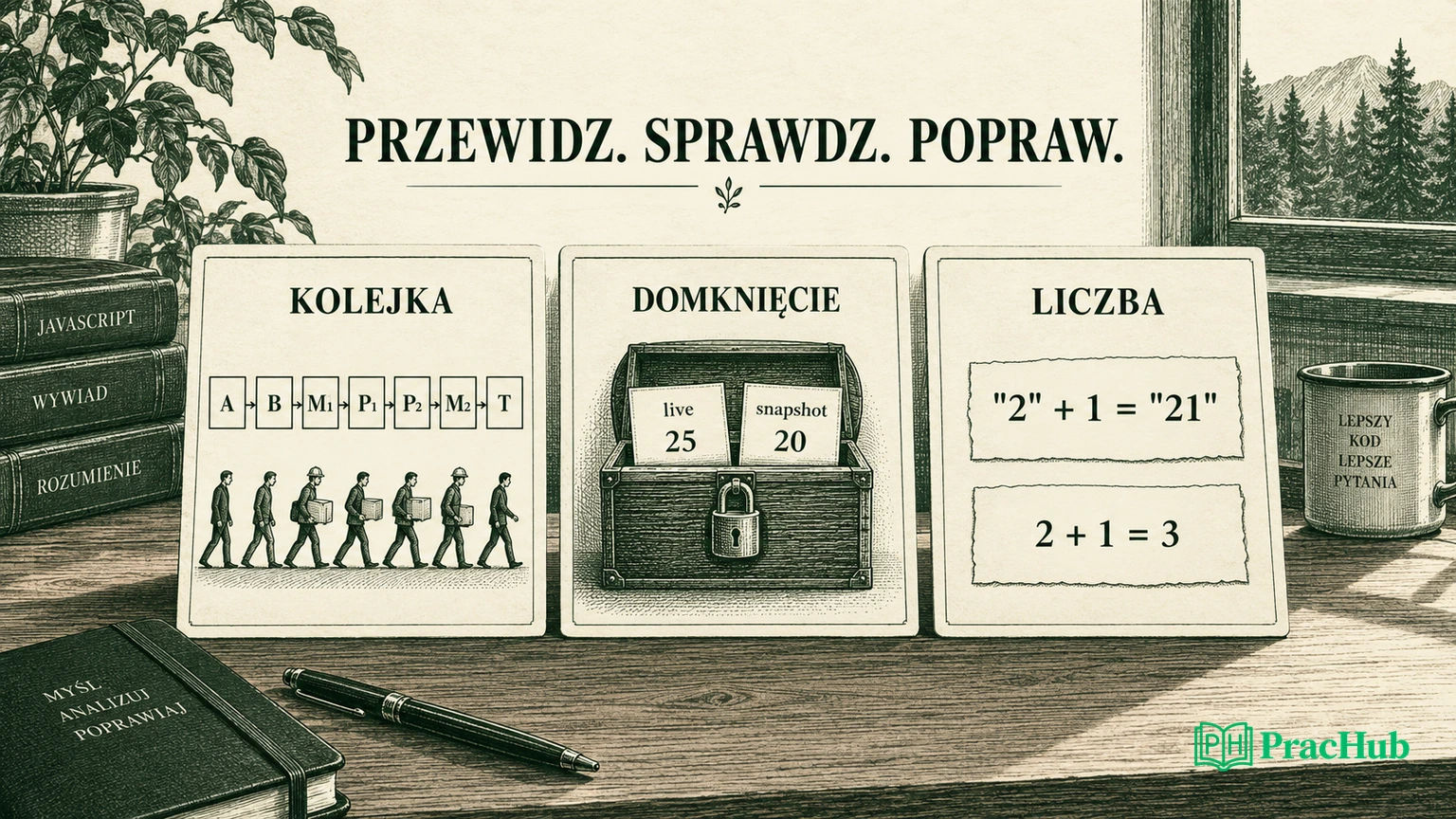 Trzy obszary zadania: kolejka, domknięcie i jawna interpretacja ilości