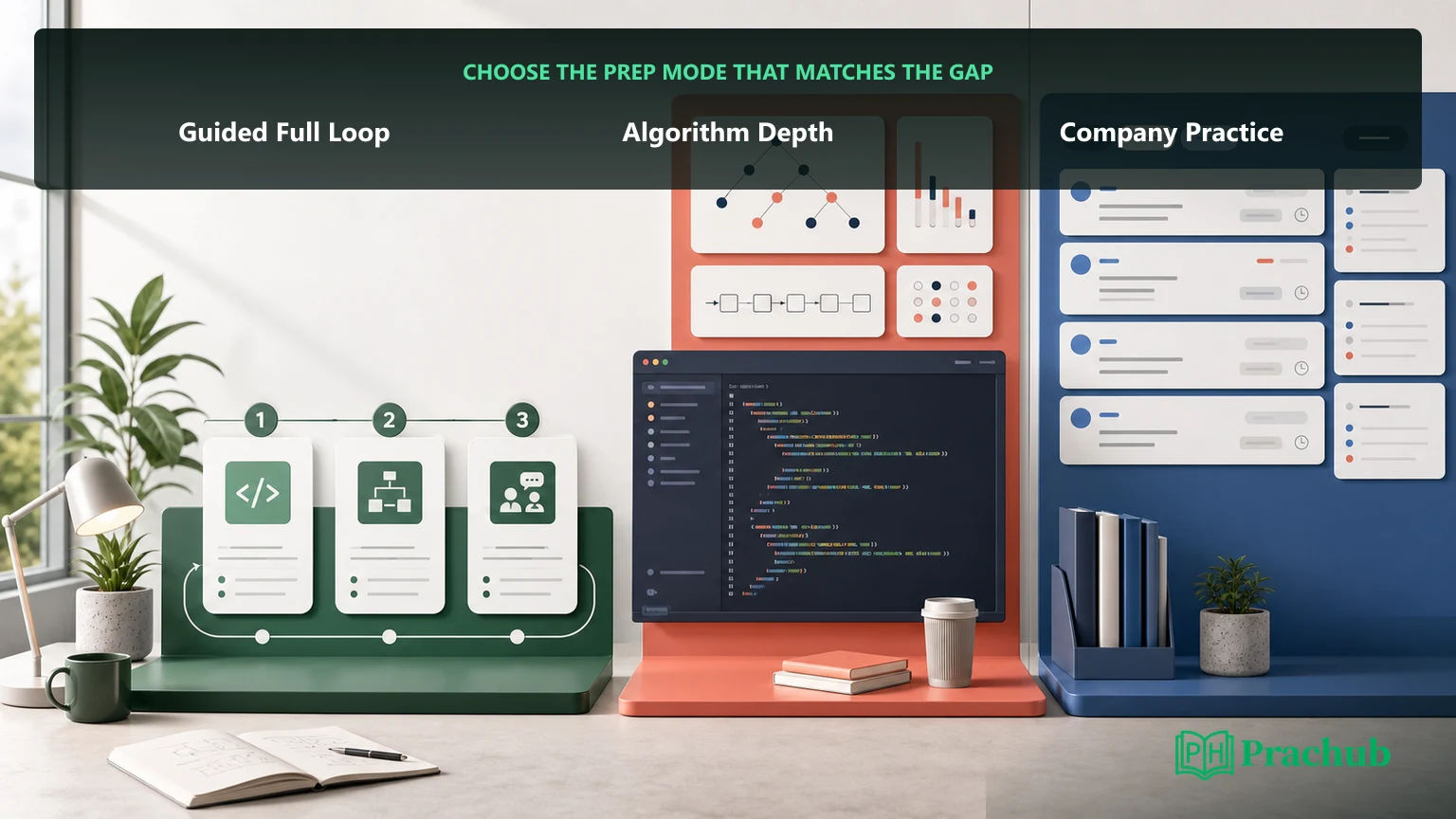 Comparison of guided full-loop preparation, algorithm depth, and company-specific interview practice