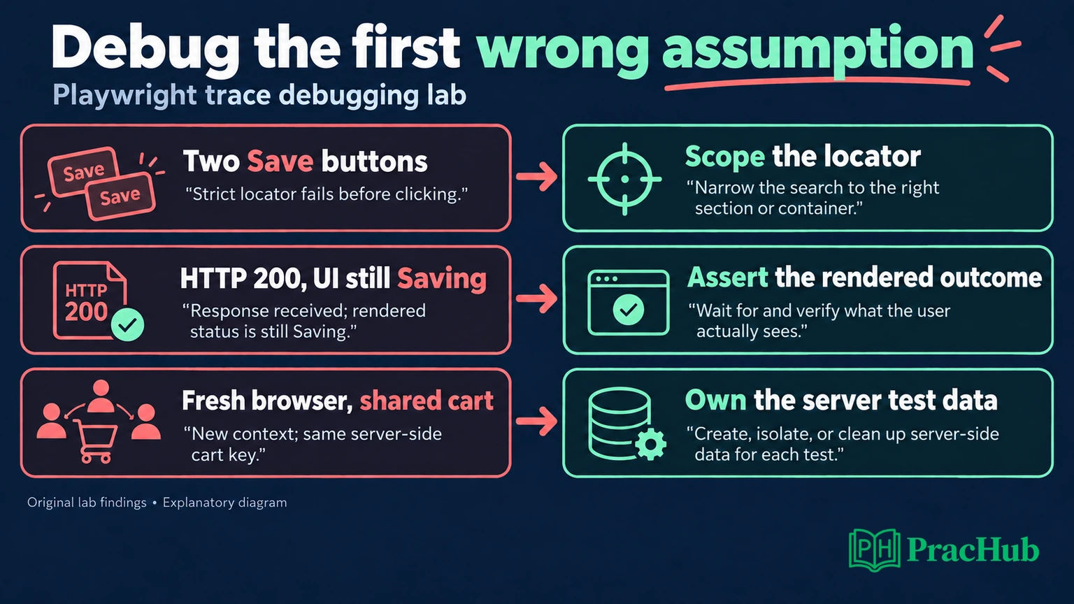 Three trace debugging findings matched to locator, waiting, and data-isolation repairs