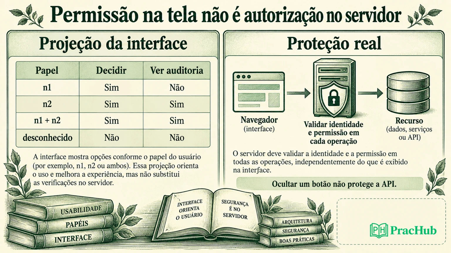 A matriz de papéis controla a projeção visual; a autorização real precisa ser validada no servidor.