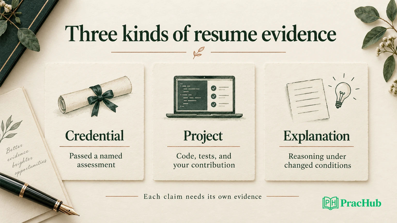 Resume evidence comparison showing what a credential, tested project, and explanation can each support