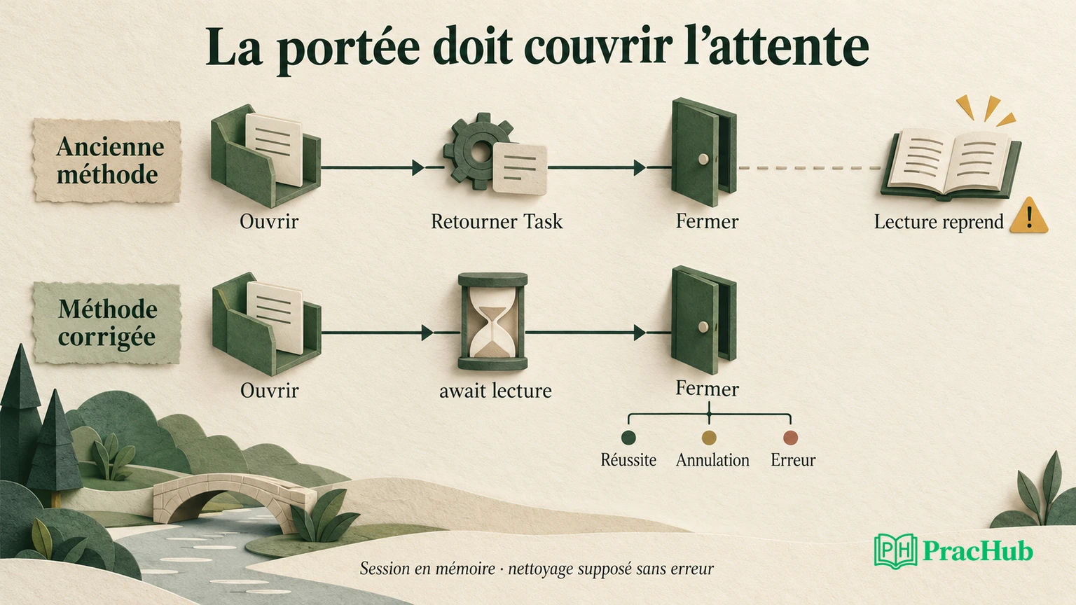 La session corrigée reste ouverte pendant await puis se ferme sur réussite, annulation ou erreur