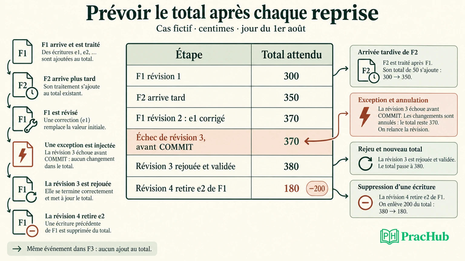 Chronologie des totaux attendus après arrivée tardive, correction, exceptions et reprise