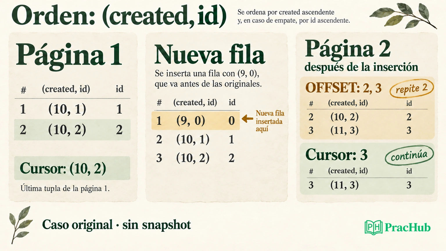 Con el orden compuesto (created, id), insertar (9, 0) hace que OFFSET repita el pedido 2; el cursor (10, 2) continúa con el pedido 3.