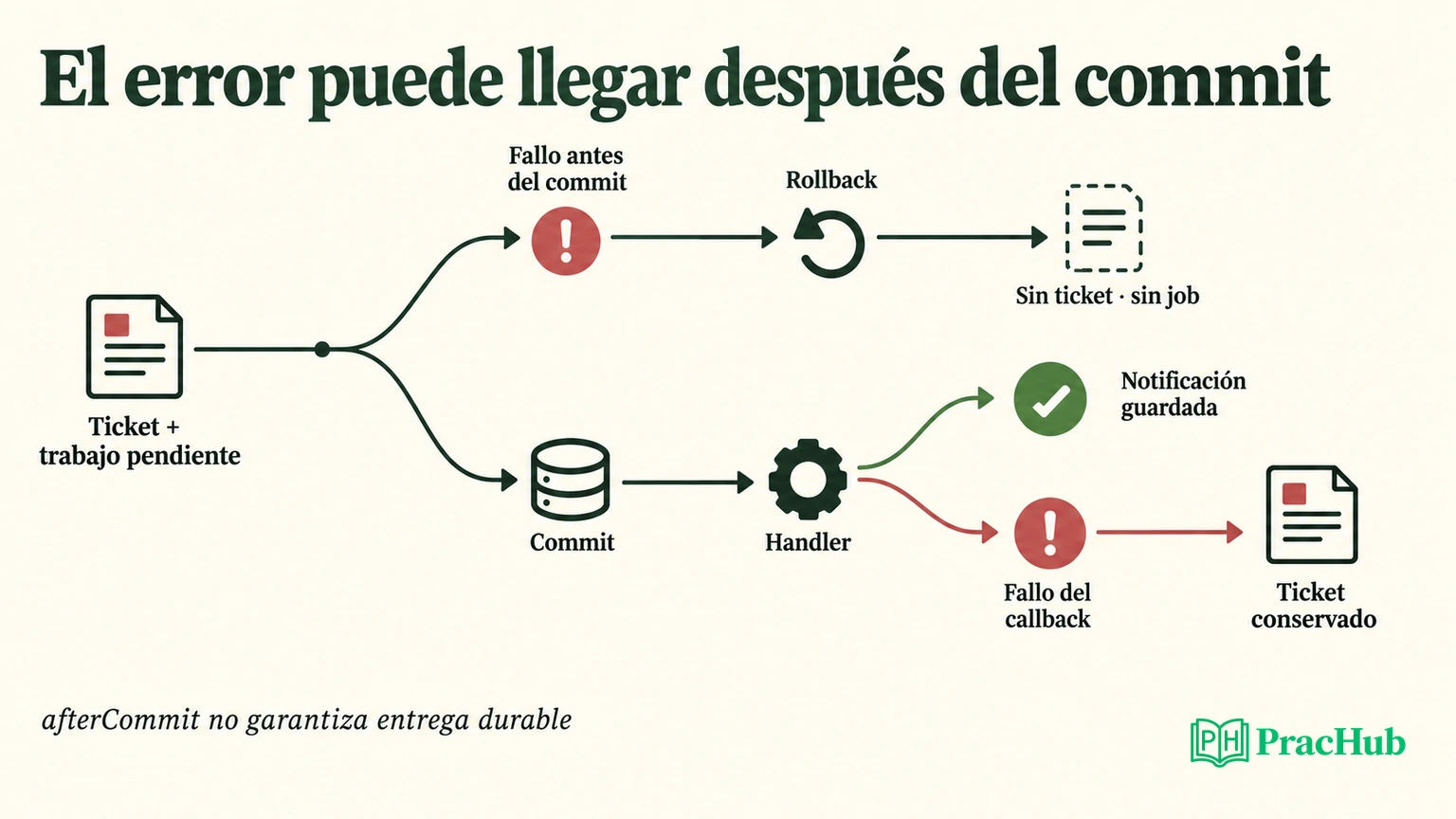 Rollback descarta el trabajo pendiente; commit permite ejecutarlo, pero un fallo posterior no deshace el ticket.