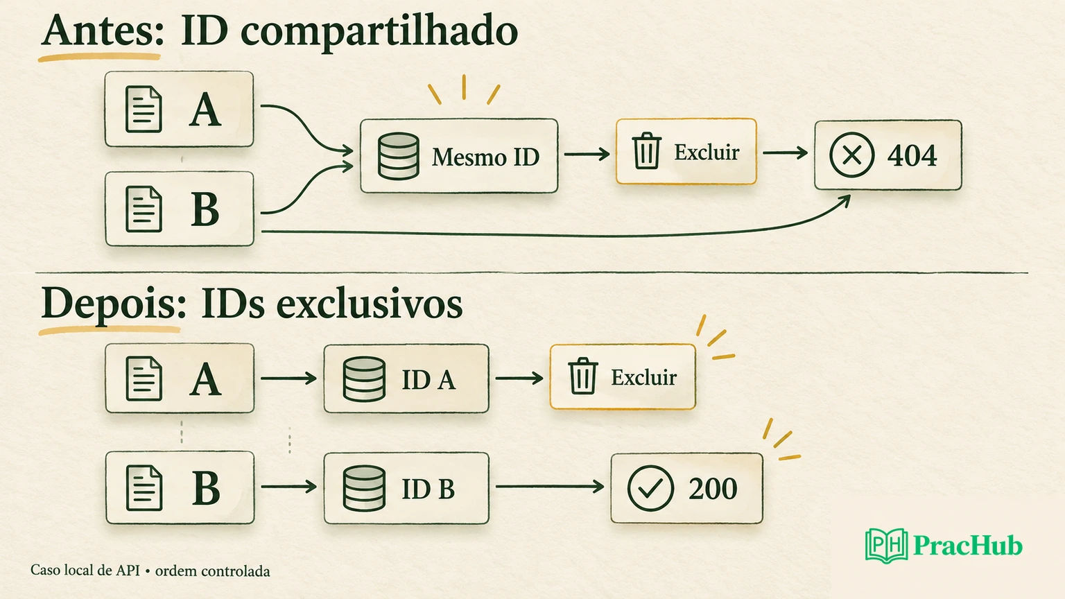 Antes e depois da fixture: um ID compartilhado produz 404, IDs exclusivos mantêm a leitura de B