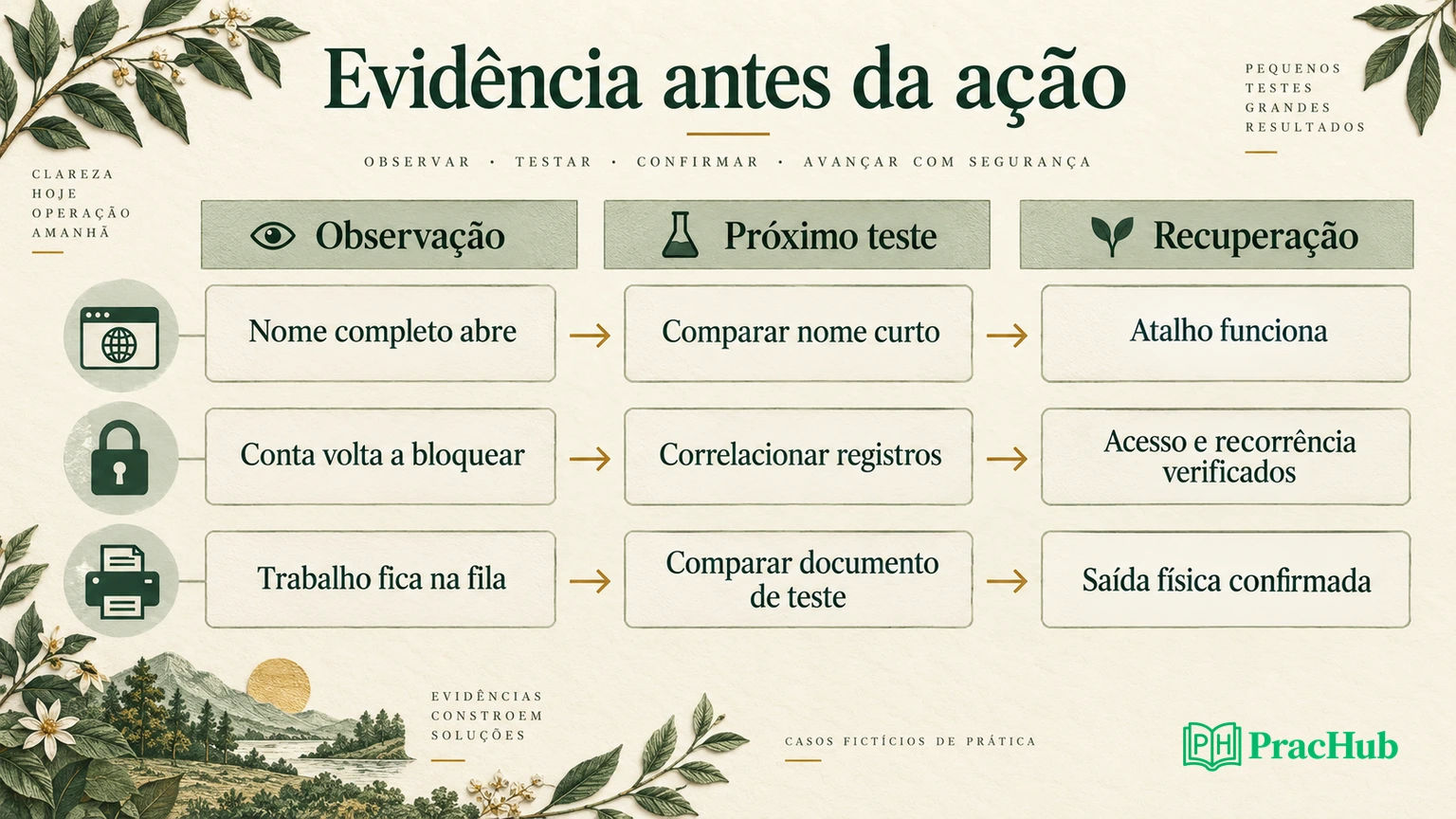 Três caminhos de diagnóstico com uma observação, um próximo teste e uma condição de recuperação