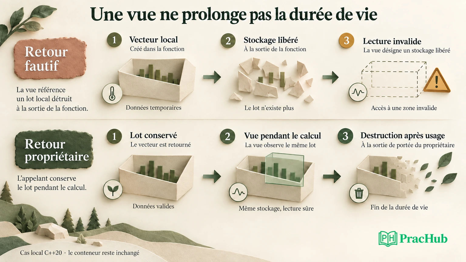 La vue fautive survit au vecteur local ; la correction conserve le propriétaire pendant le calcul