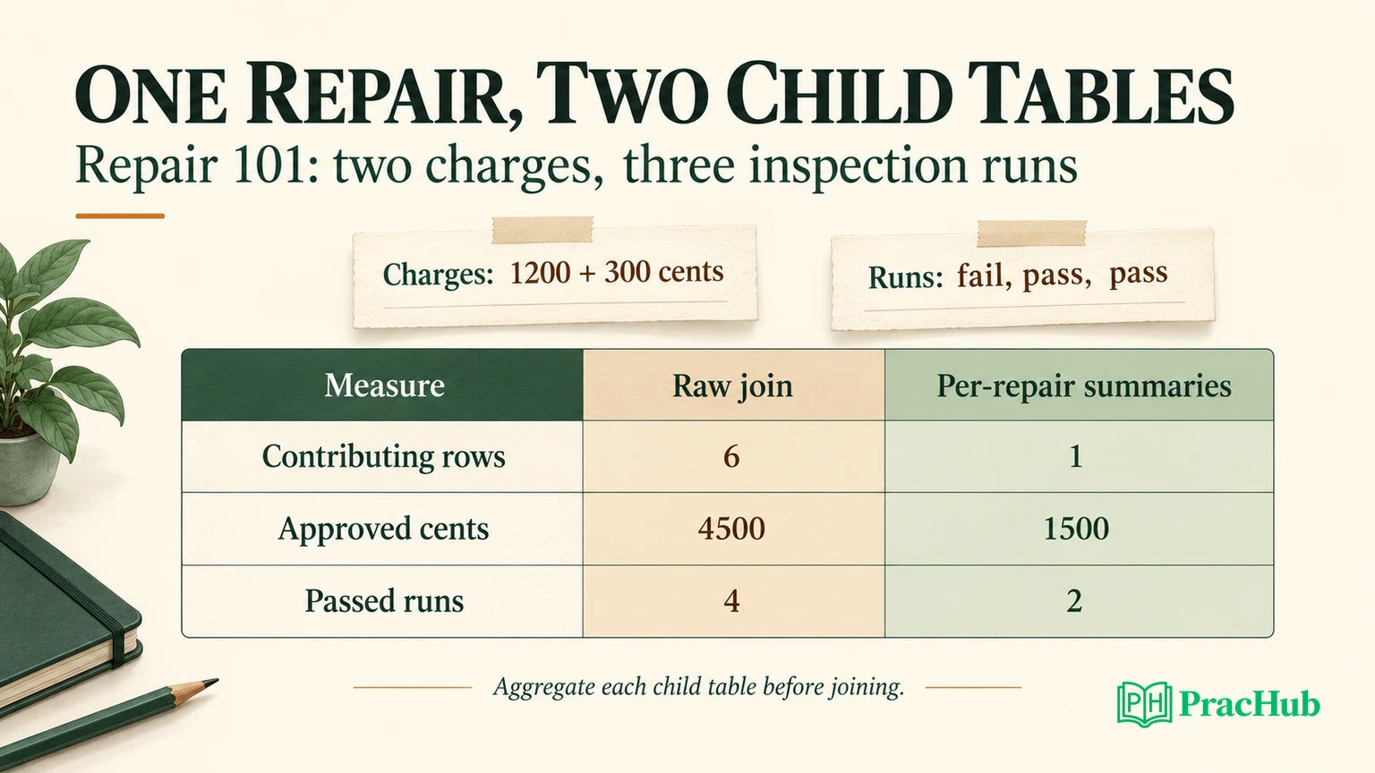 Repair-level aggregation prevents charges and inspection runs from multiplying report totals