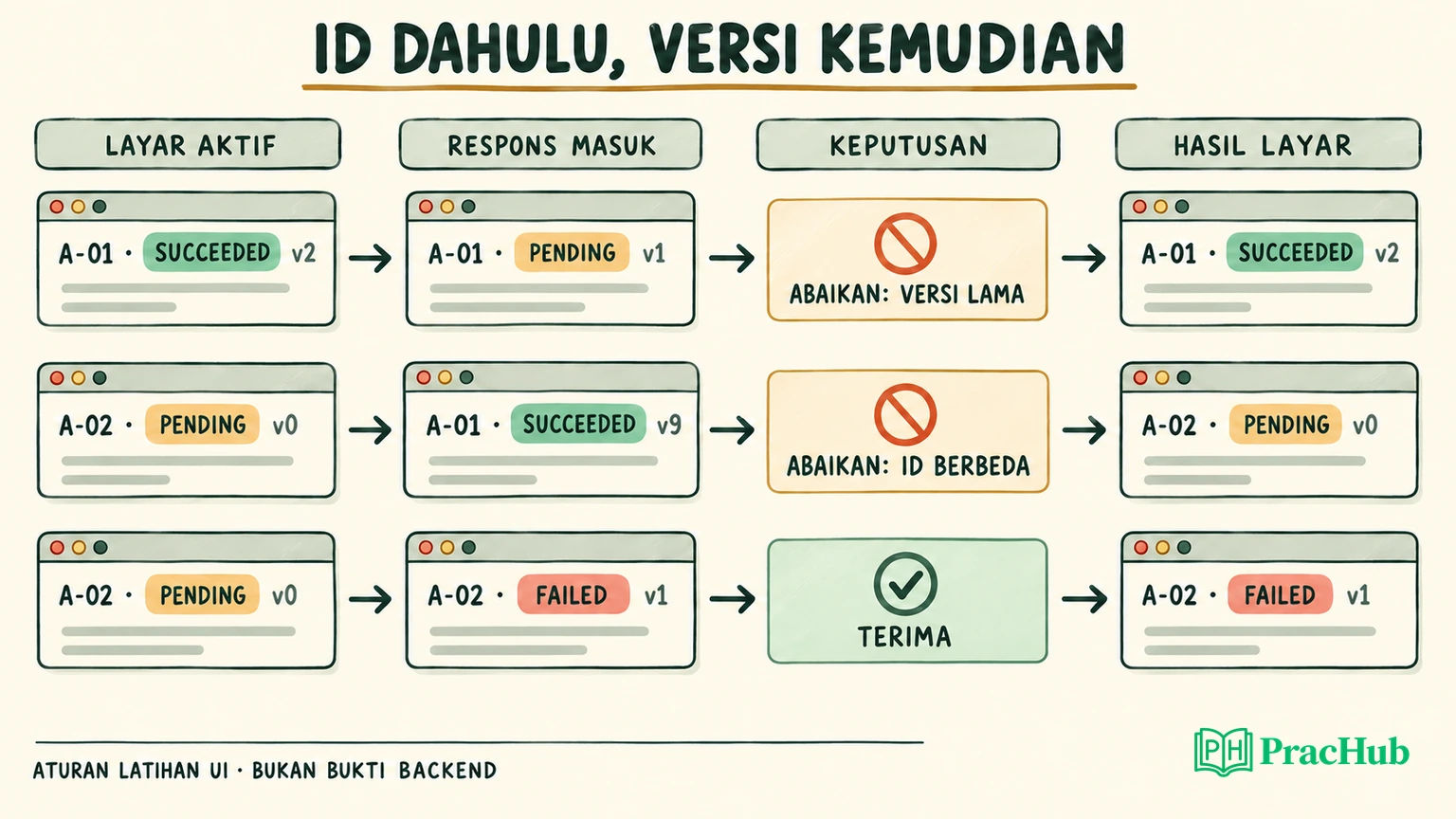 Perbandingan respons lama, respons percobaan lain, dan kegagalan percobaan aktif pada simulasi status.