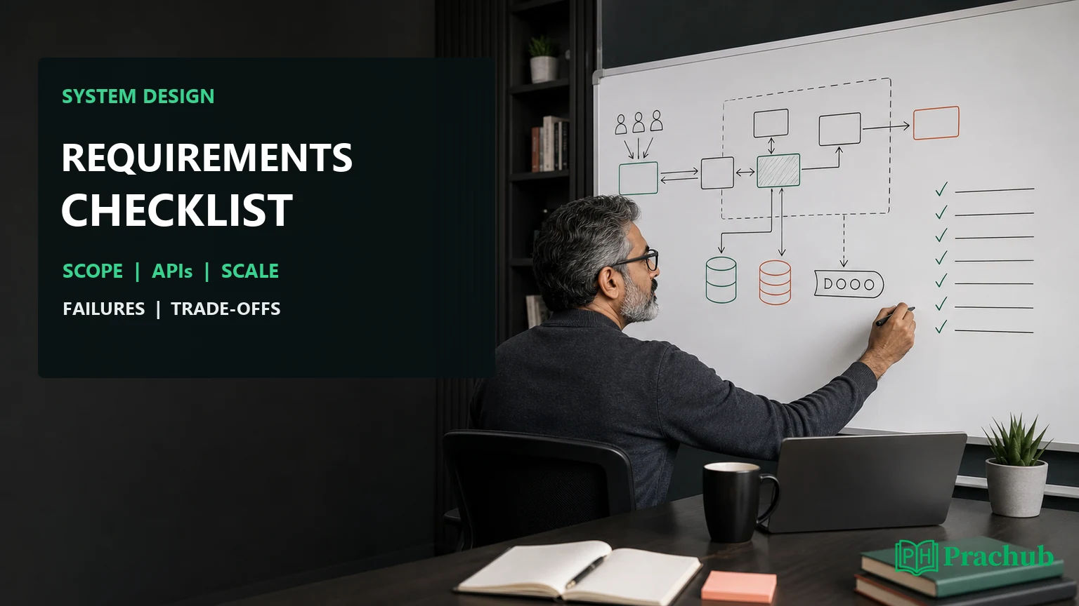 System design requirements checklist covering scope APIs scale reliability and trade-offs