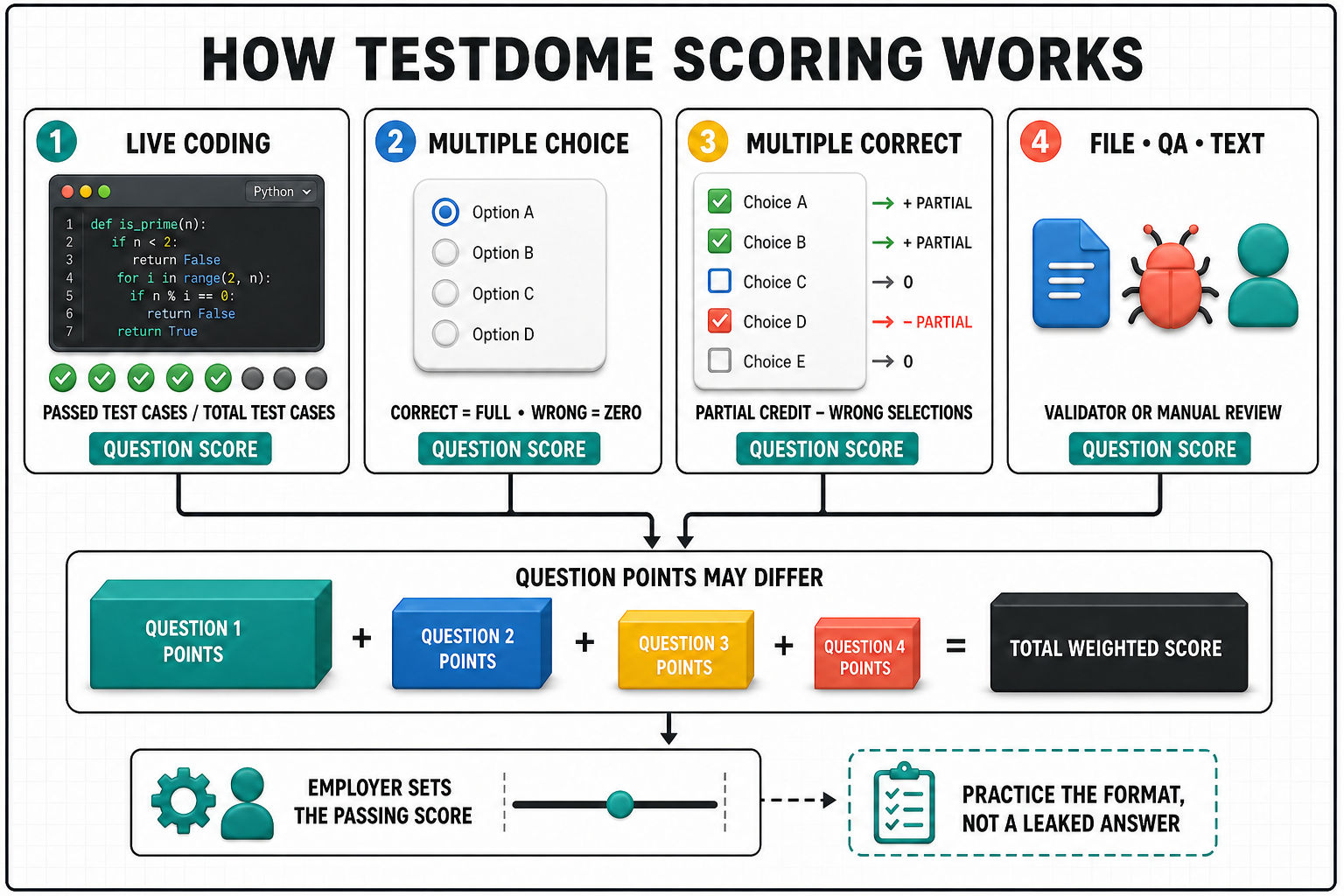 How TestDome live coding, multiple-choice, multiple-correct, and reviewed questions contribute to a weighted score