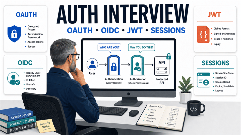 Authentication and authorization interview questions covering OAuth OIDC JWT and sessions