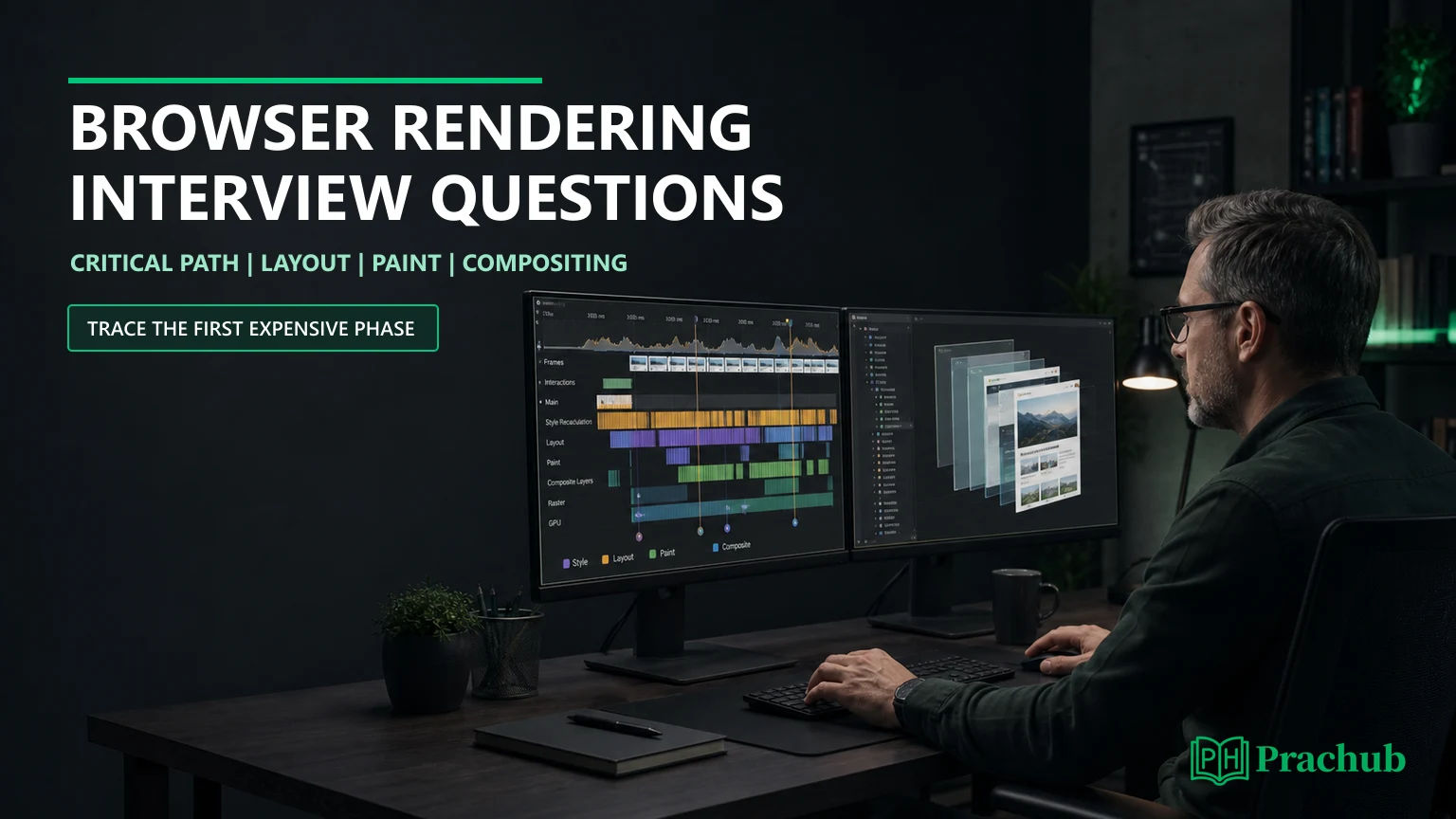 Browser rendering interview questions covering the critical path layout paint and compositing