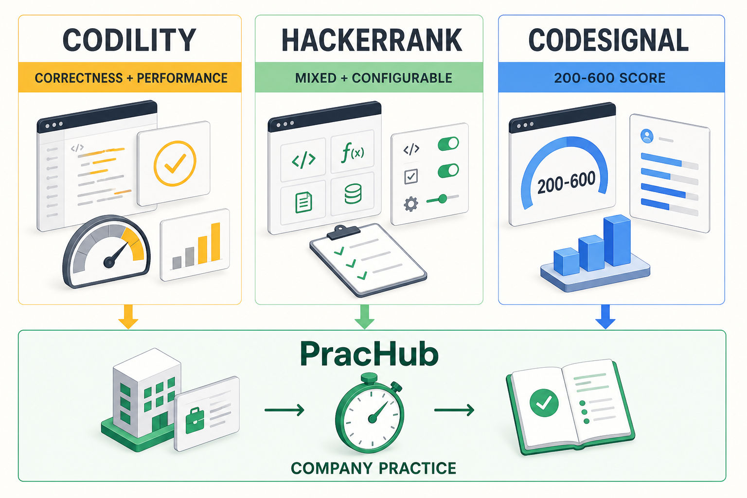 Codility, HackerRank, and CodeSignal candidate differences with a PracHub company practice workflow