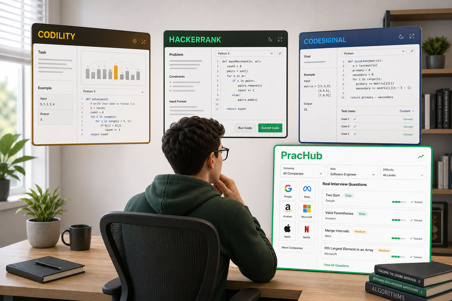 Codility vs HackerRank vs CodeSignal assessment interfaces with PracHub company practice