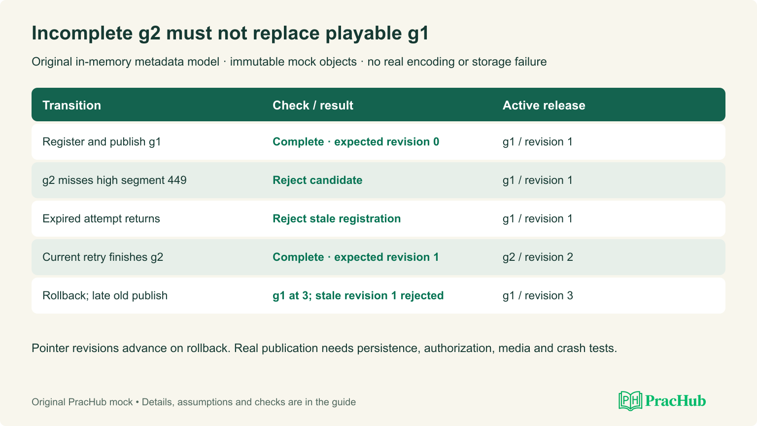 Partial output, current-attempt registration, monotonic publication revision and rollback trace