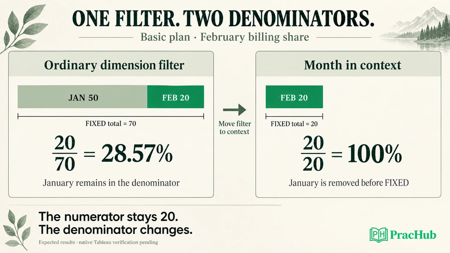 February share changes from 28.57 percent to 100 percent when the filter becomes context