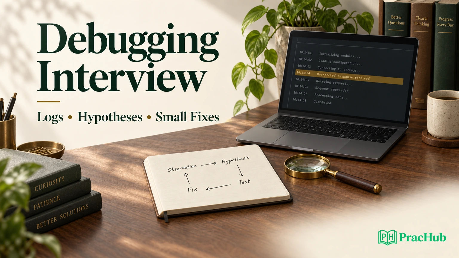 Debugging interview practice workspace with logs a notebook and a focused code change