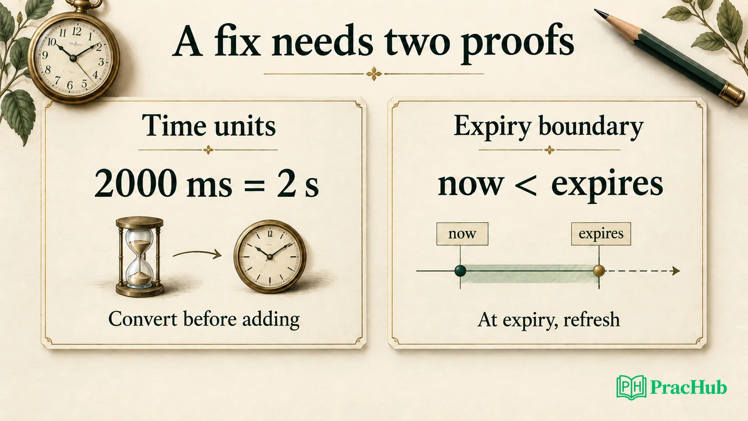 Two independent proofs for a cache fix: convert milliseconds to seconds and refresh at the expiry boundary