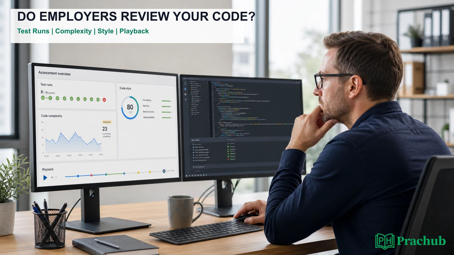 Employer reviewing online assessment code test runs complexity style and playback