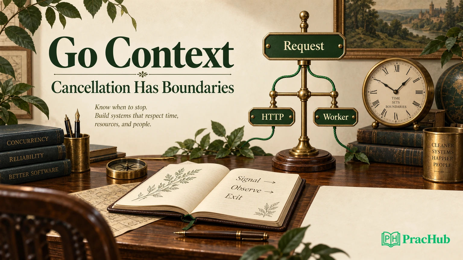Go Context cancellation branching from a request to HTTP and a worker, with a deadline clock