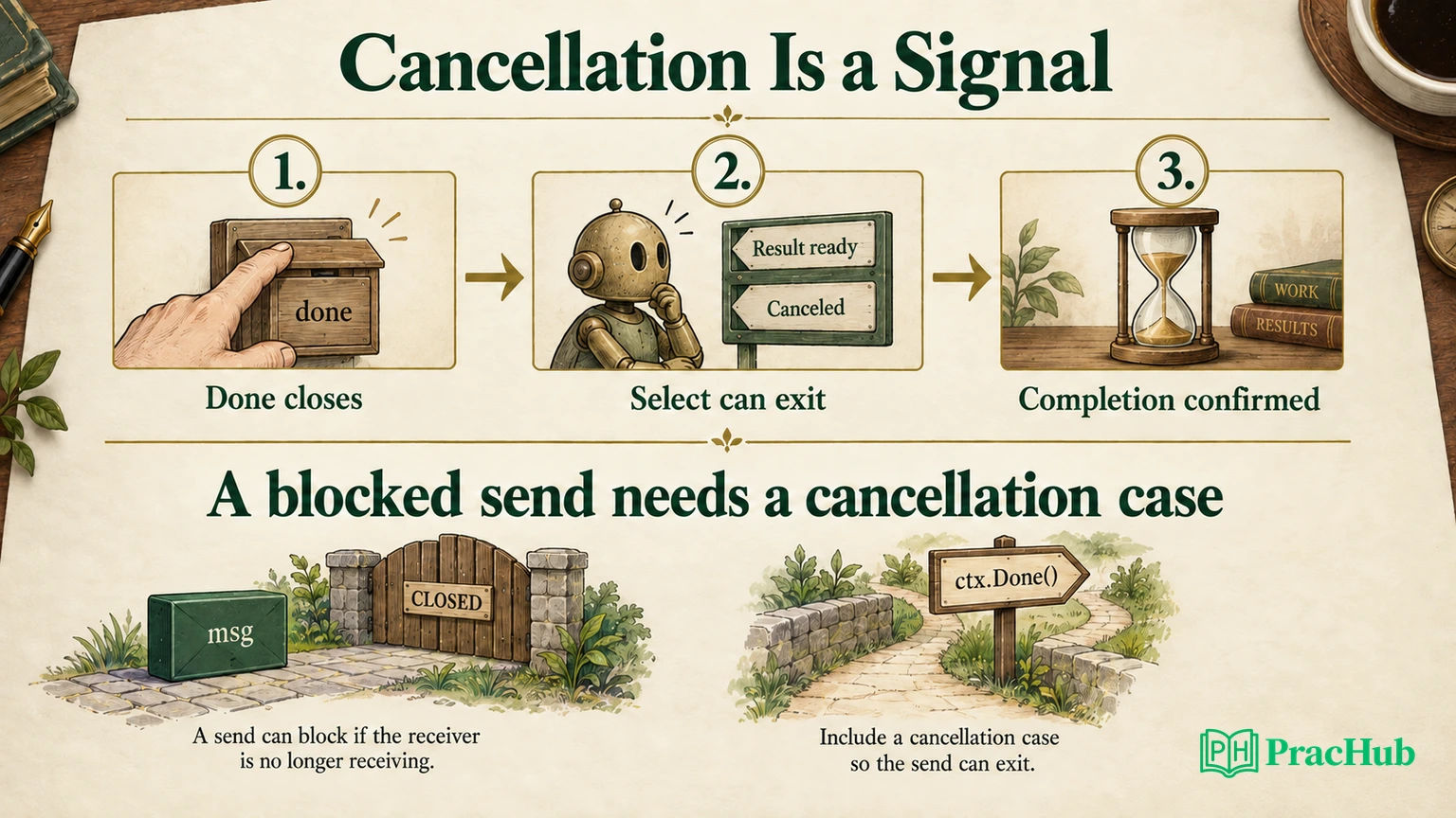 Cancellation lifecycle from signaling through worker observation to owner-confirmed completion