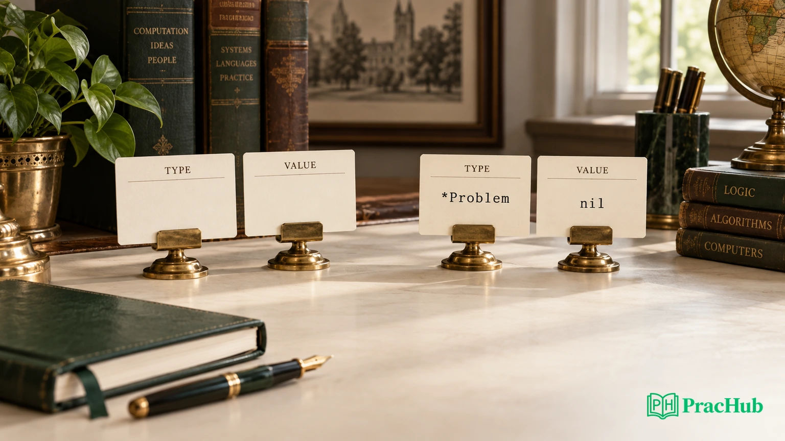 A classic study desk with paired type and value cards illustrating the two parts of an interface value