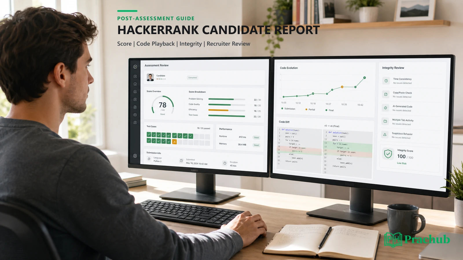 HackerRank candidate report showing score code playback plagiarism and recruiter review