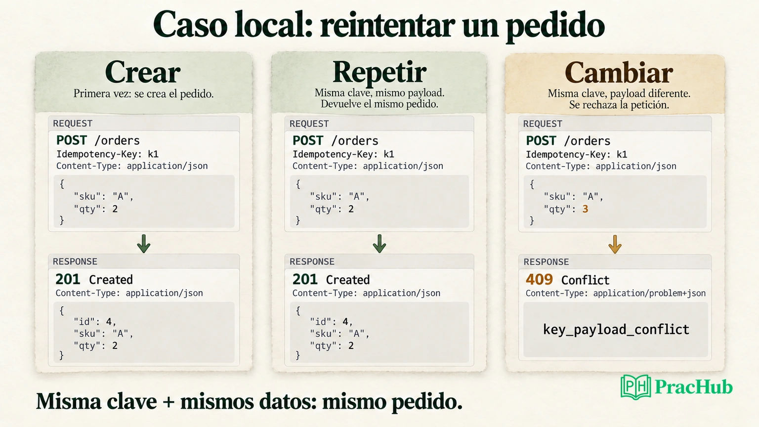 La solicitud necesita un contrato de método, resultado y reintento; un código de éxito aislado no prueba que el pedido sea único.
