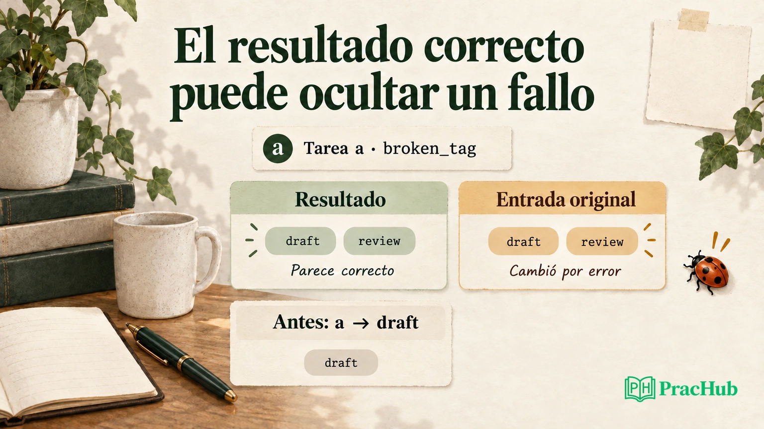 Un resultado con la etiqueta correcta puede ocultar que la función también cambió la entrada del llamador.