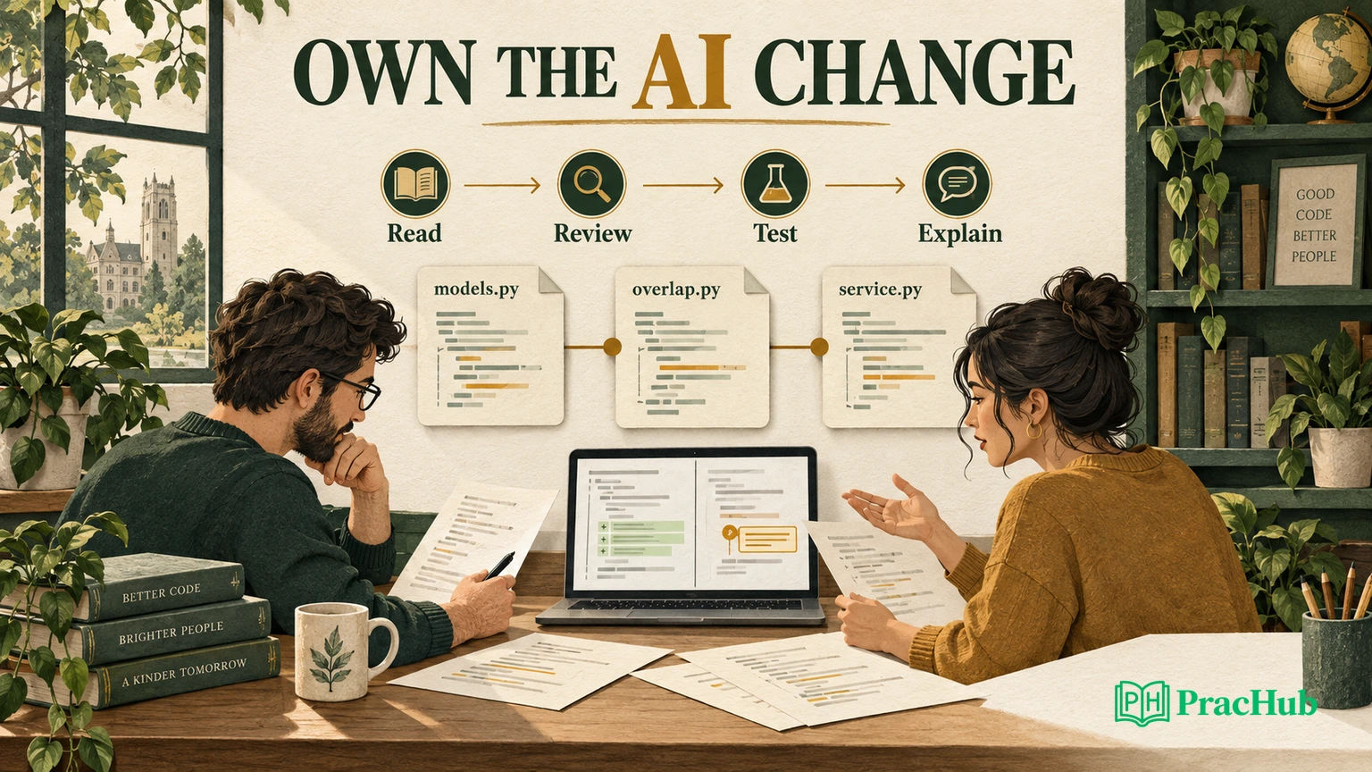 Read a multi-file project, review the proposed change, test it, and explain the decision