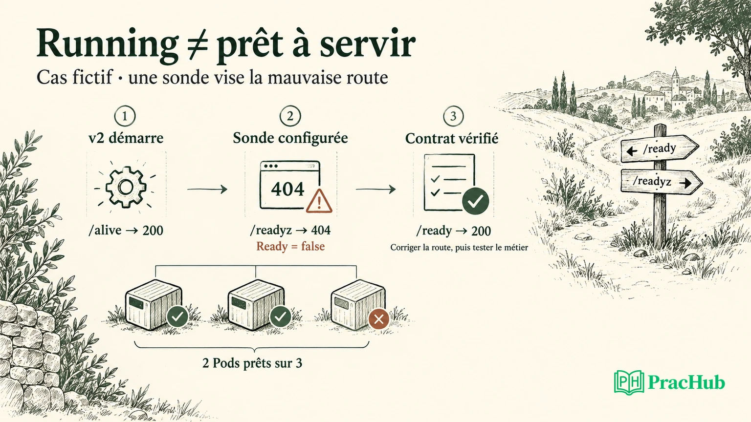 Un processus v2 vivant, une sonde vers readyz en erreur et le contrat ready à vérifier