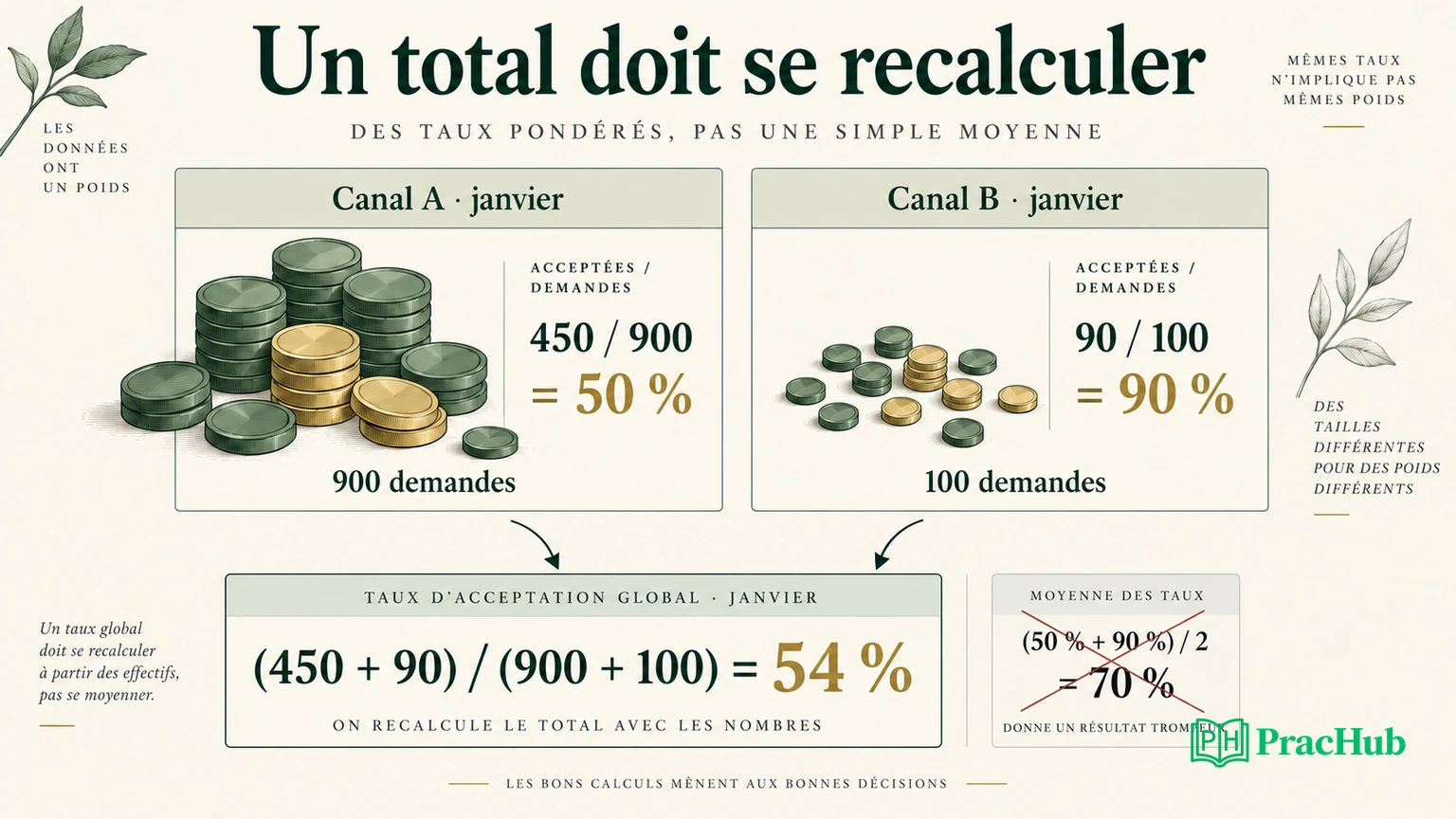 En janvier, 450 demandes acceptées sur 900 et 90 sur 100 donnent un taux global de 54 %, différent de la moyenne simple de 70 %.