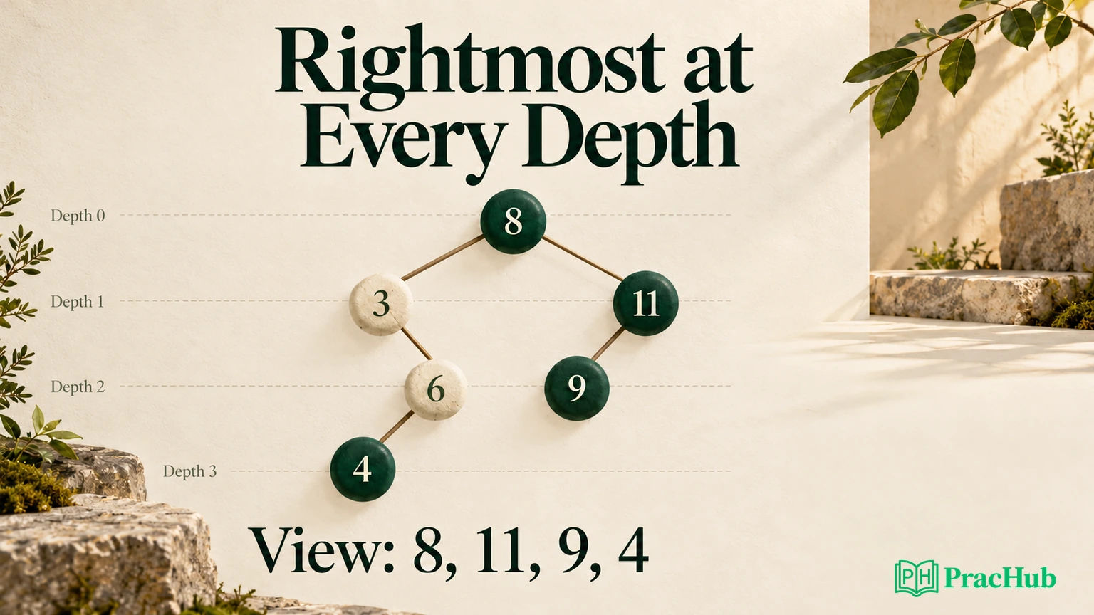 A sparse tree whose right view is 8, 11, 9 and then the left-subtree descendant 4