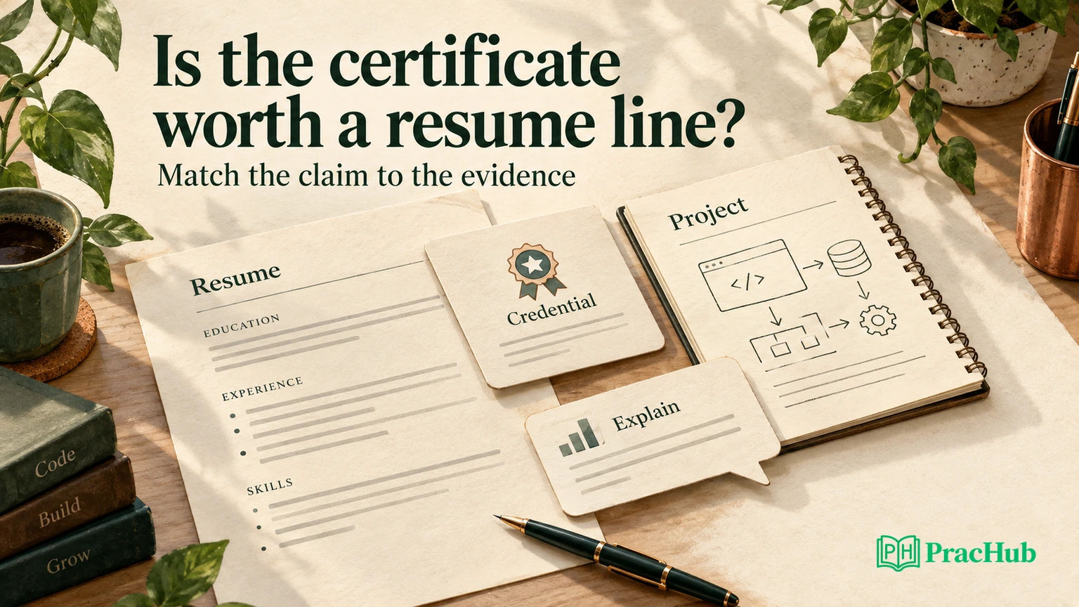 HackerRank certification resume decision illustrated with a credential, project evidence, and interview practice
